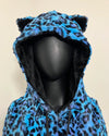 Blue leopard print hoodie with black ears on a beige background