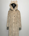 Floor Length Leopard print plush faux fur coat with a hood on a plain background