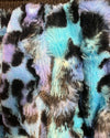 Multicolored fake fur fabric with leopard print pattern