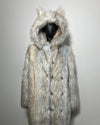 Faux Fur coat with hood on a gray background