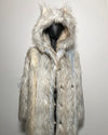 Gray fur coat with hood on a mannequin against a plain background