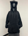 A black sherpa fleece hoodie with a plush teddy texture, displayed on a black mannequin torso. The hoodie features a large hood with cat-like ears, dark gray drawstrings, and a front kangaroo pocket.