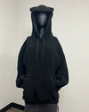 A black sherpa fleece hoodie with a plush teddy texture, displayed on a black mannequin. The hoodie features a hood with cat-like ears, dark gray drawstrings, and a front kangaroo pocket.