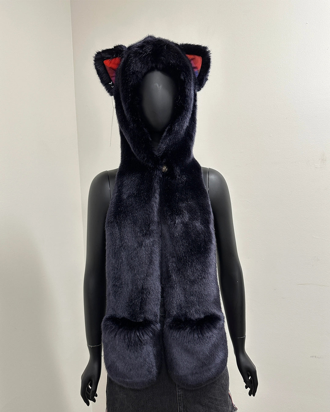 *One Of A Kind/Proto-Sample* Navy Luxe Faux Fur Hood | Indigo Tartan Kitty