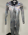 A long-sleeve, one-piece full-zip catsuit with an iridescent silver and black snakeskin pattern, displayed on a black hanger against a plain light gray wall.