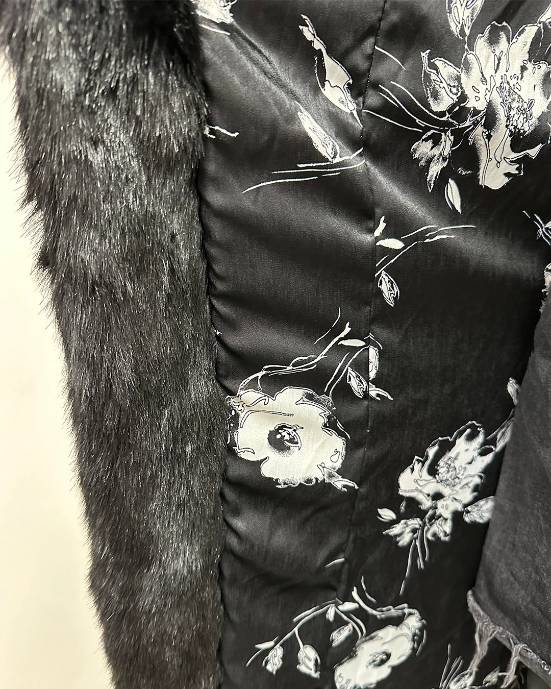 *Sample* Classic Faux Fur Style Robe | Floral Lining | Black Panther -Small