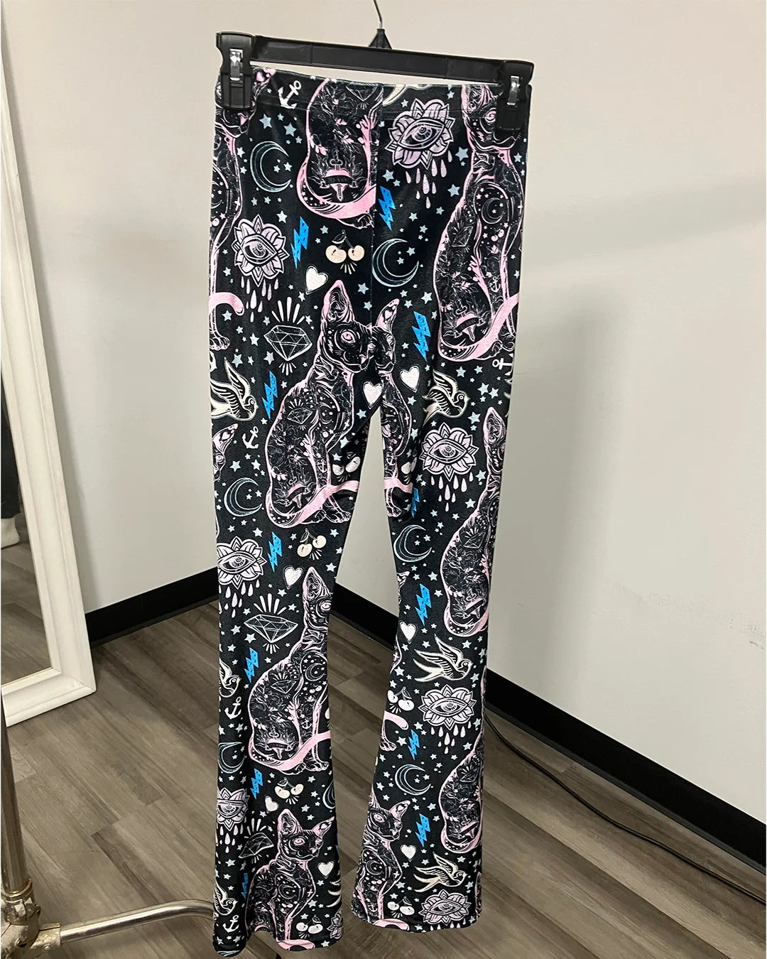 *Last Stock* Velvet Flare Pant | Black and Pink Sailor Kitty - SMALL