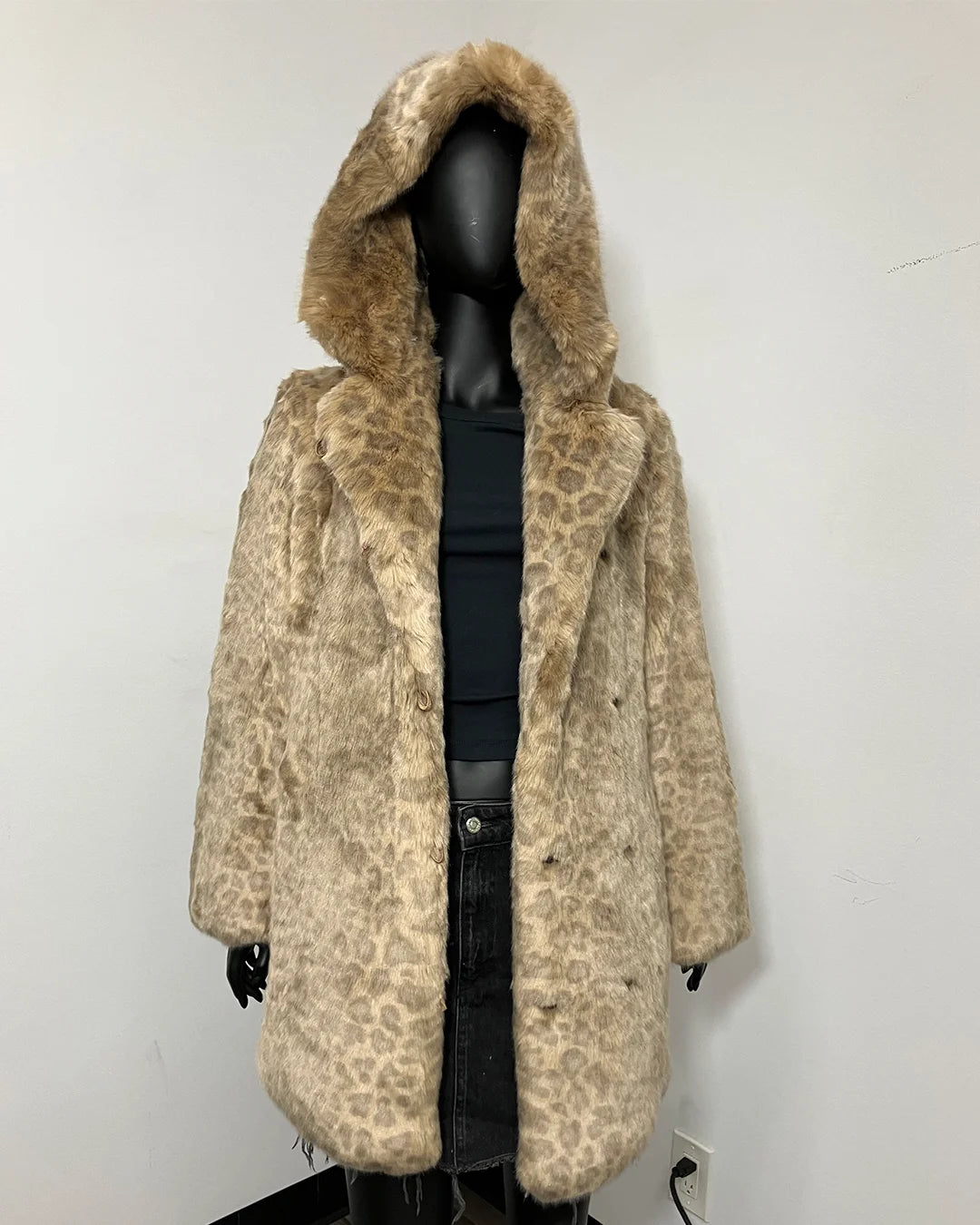 *Last Stock* Hooded African Golden Cat Luxe Faux Fur Coat - MEDIUM