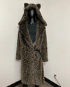 A leopard-print hooded robe with cat ears on the hood, displayed on a black mannequin against a plain white wall.