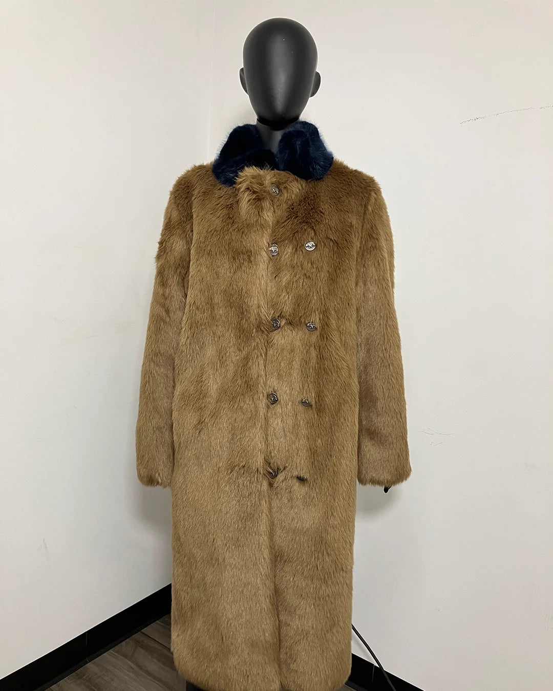 *One Of A Kind / Prototype* Brown Bear Faux Fur Long Coat | Indigo Wolf Collar - MEDIUM