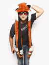 Person wearing a red-panda-themed Spirit Hood with sunglasses on a white background
