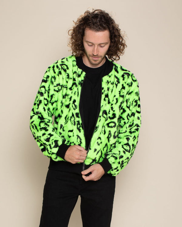 Men's Colorful Faux Fur Jacket Neon Green Leopard Print