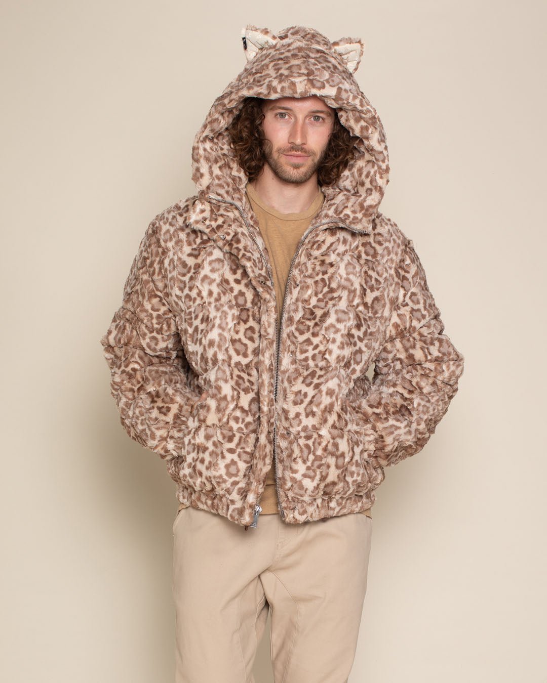 Classic Men's Puffer Jacket With Hood Tan Leopard