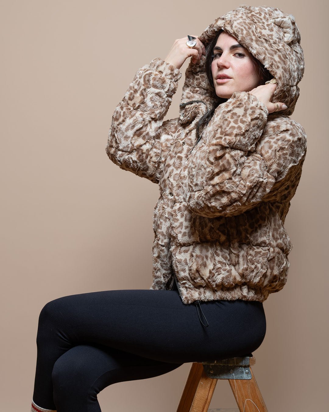 Hooded Puffer Jacket Womens Tan Leopard Print SpiritHoods