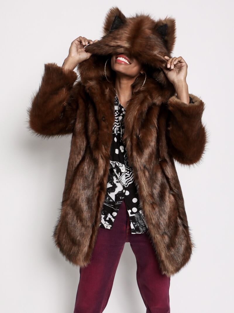 Female Wearing Classic Tawny Wolf Faux Fur SpiritHoods Coat 