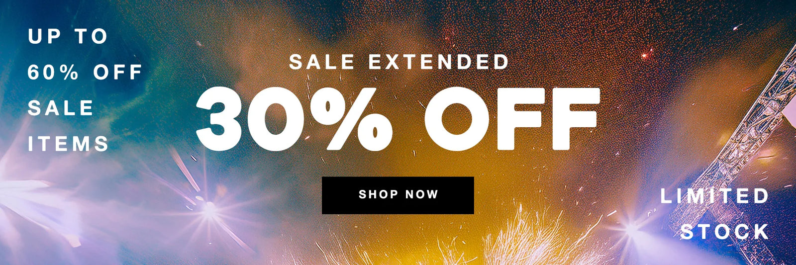 Colorful concert background with bright lights and text highlighting up to 60% off sale items and 30% off sitewide with limited stock.