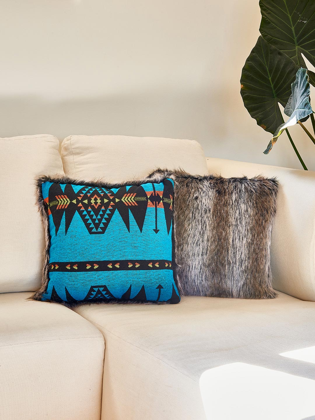 Grey Wolf Faux Fur Pillow, front and back view
