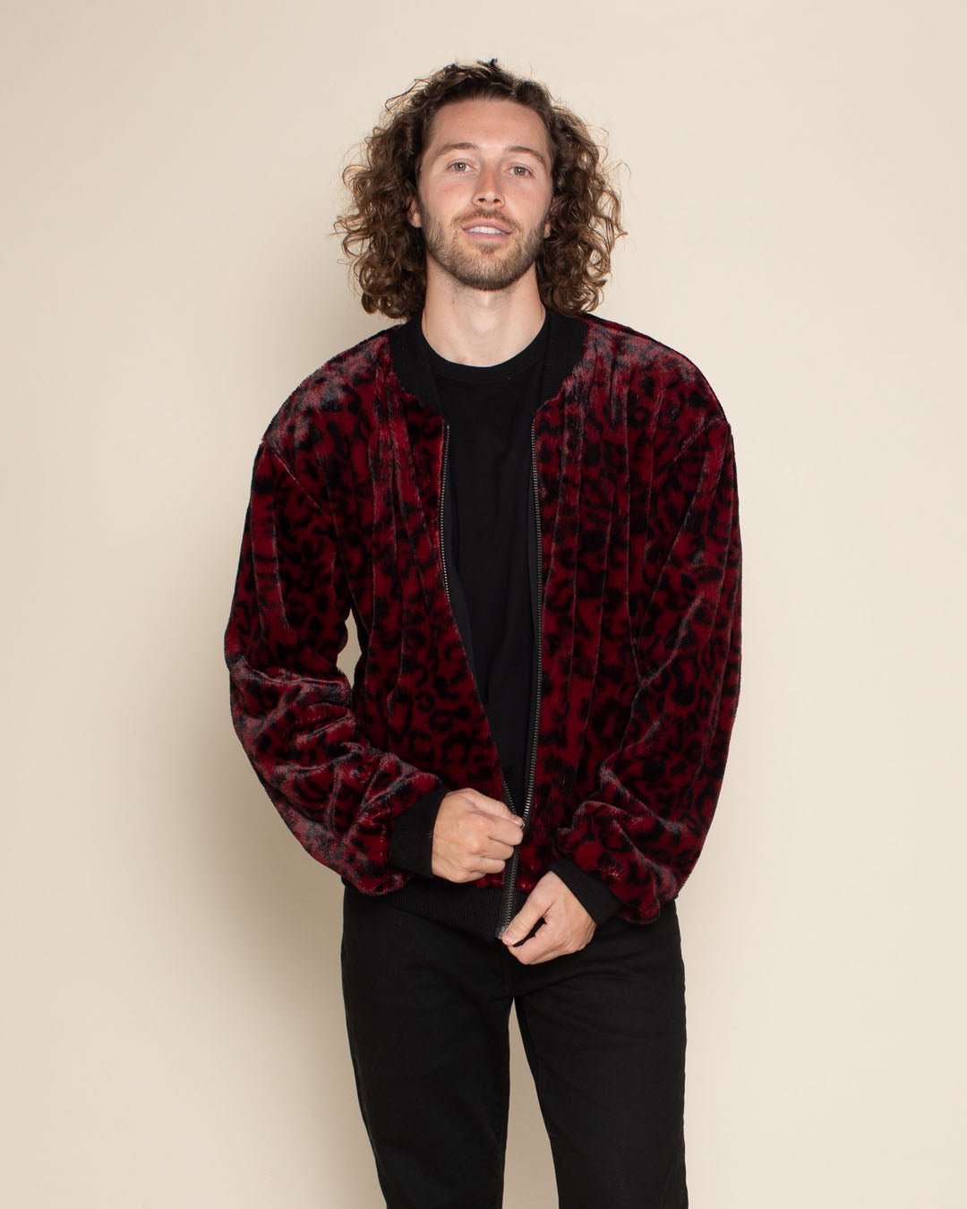 Burgundy Leopard Ultra Soft Faux Fur Bomber Jacket Men's