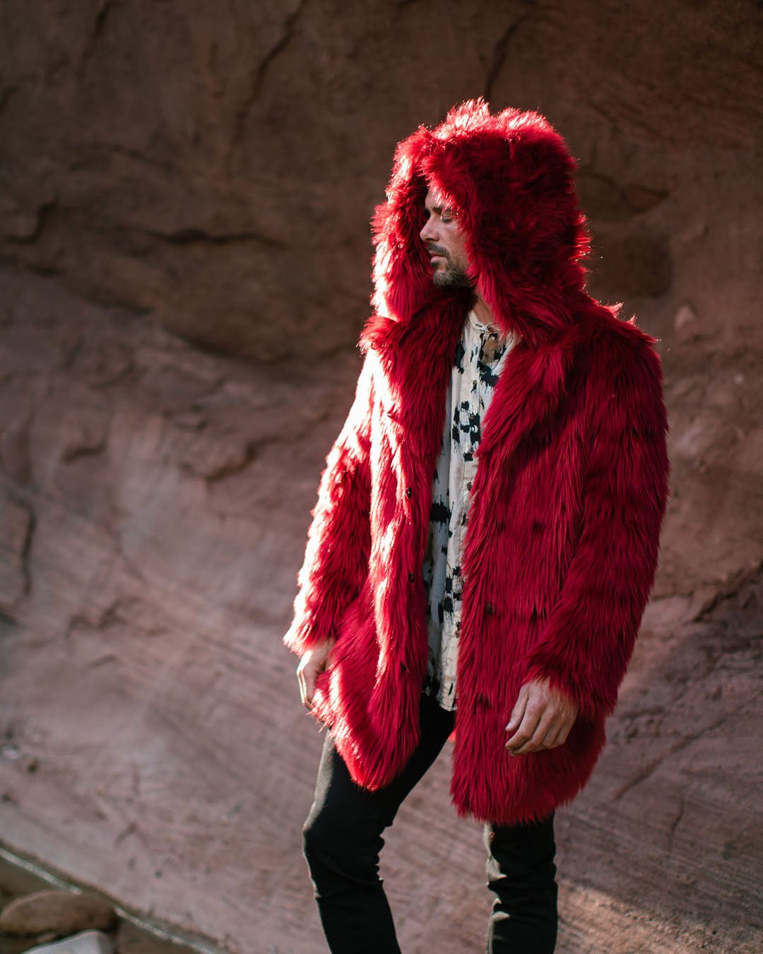 Red Velvet Wolf Classic Faux Fur Coat Men s Red Velvet Wolf Classic Faux Fur Coat Men s