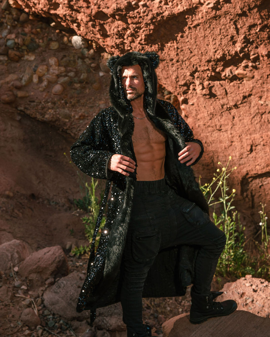 Sequin Black Panther Classic Faux Fur Style Robe | Men&#39;s