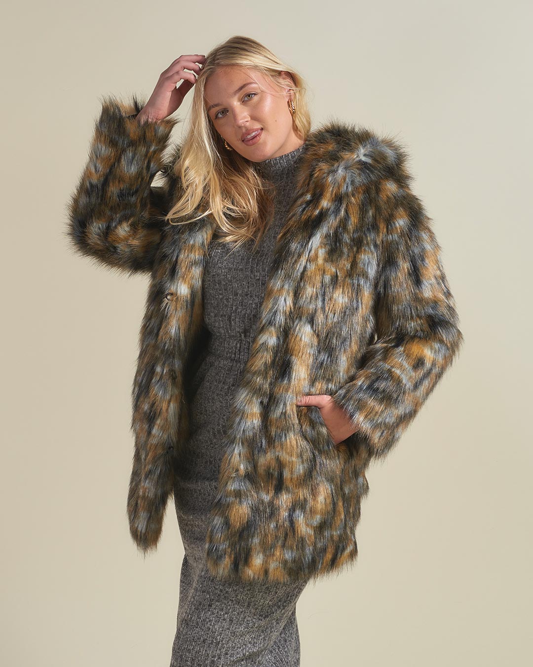 Brindle Wolf Hooded Faux Fur Coat on Female