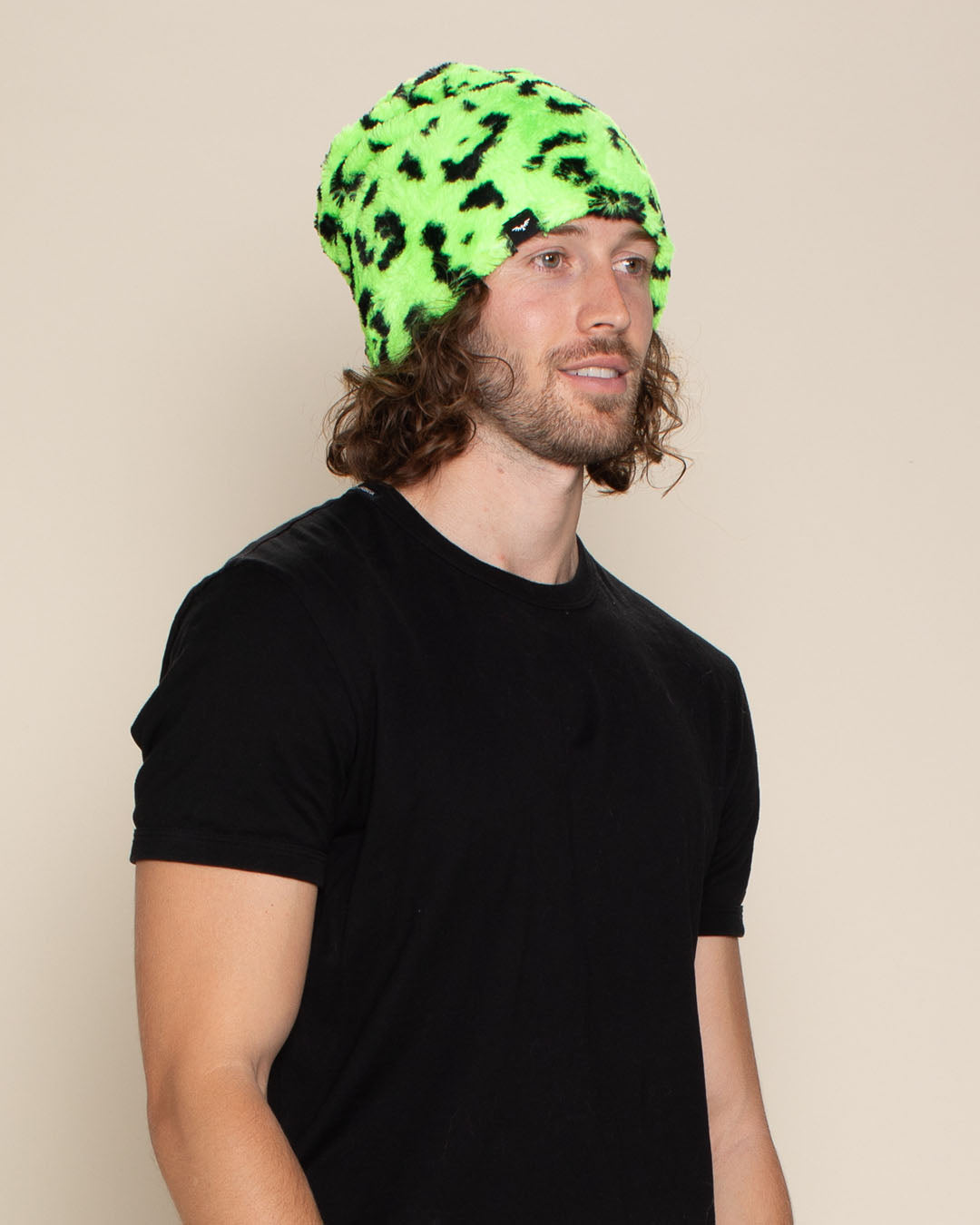 Neon Green Leopard Faux Fur Beanie | Men's