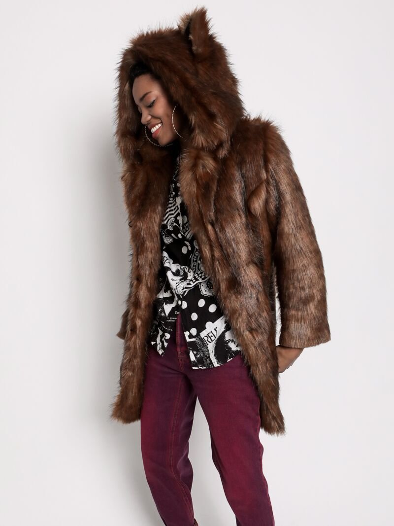 Classic Tawny Wolf Faux Fur SpiritHoods Coat with Hood on Female