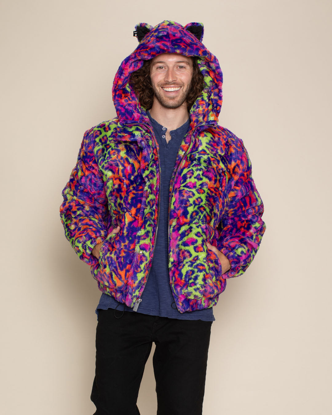 Neon Disco Cat Classic ULTRA SOFT Faux Fur Puffer Jacket | Men's