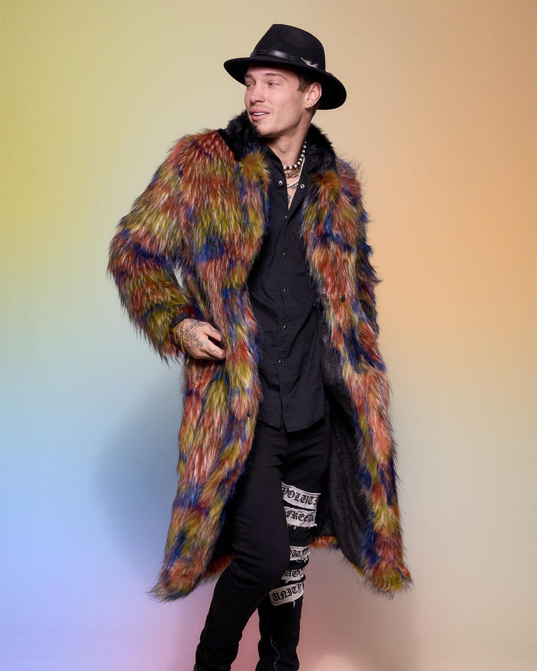 Multi-Color Parrot Calf Length Collared Faux Fur Coat on Male