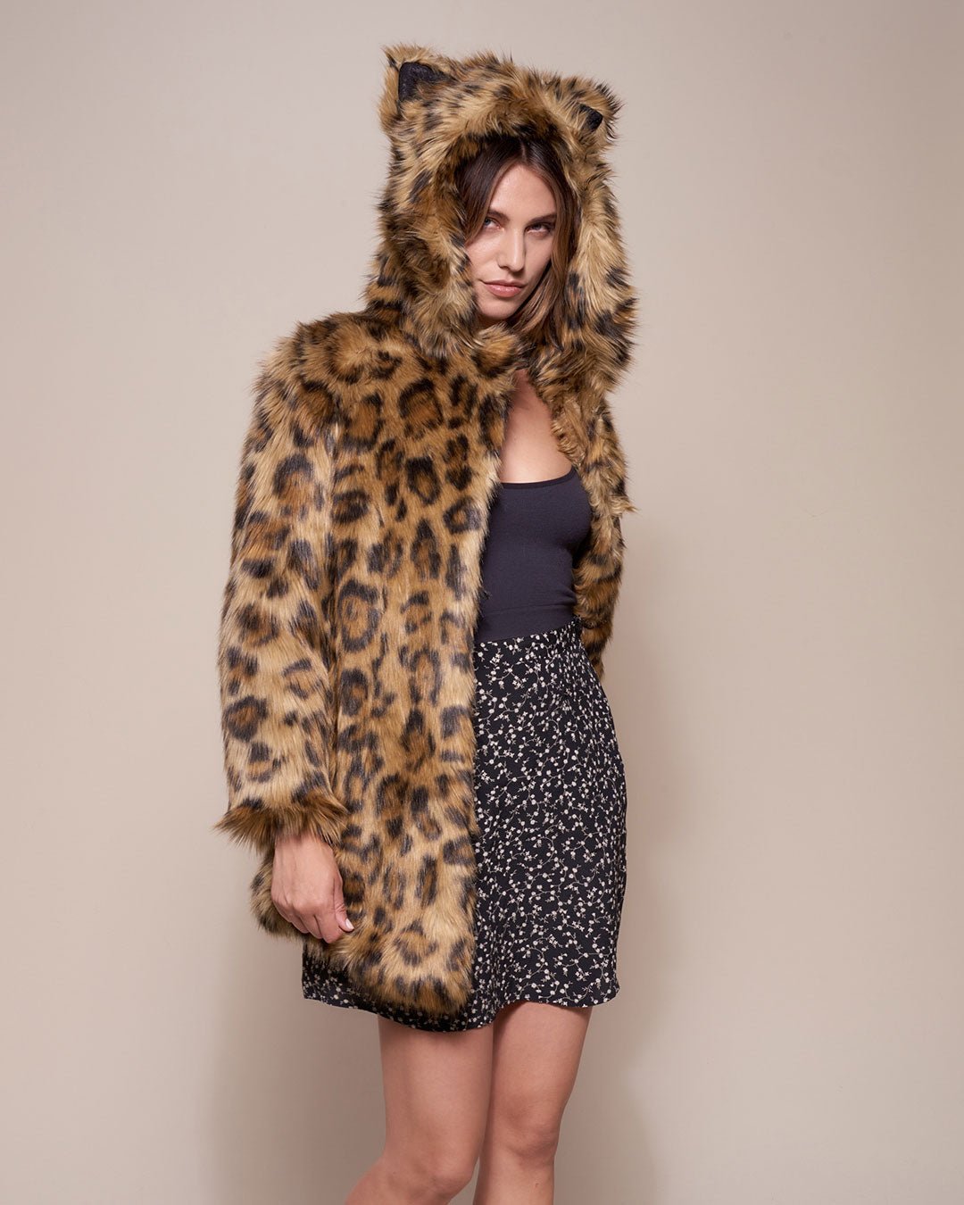 Woman wearing Javan Leopard Classic Faux Fur Coat *Almost Purfect* SpiritHood