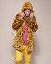 Man wearing Yellow Cheetah Hooded Faux Fur Coat, front view 2