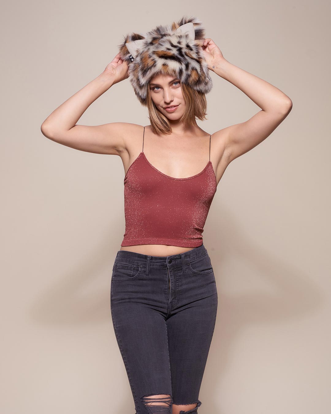 Woman wearing Mother Clouded Leopard Faux Fur Hood