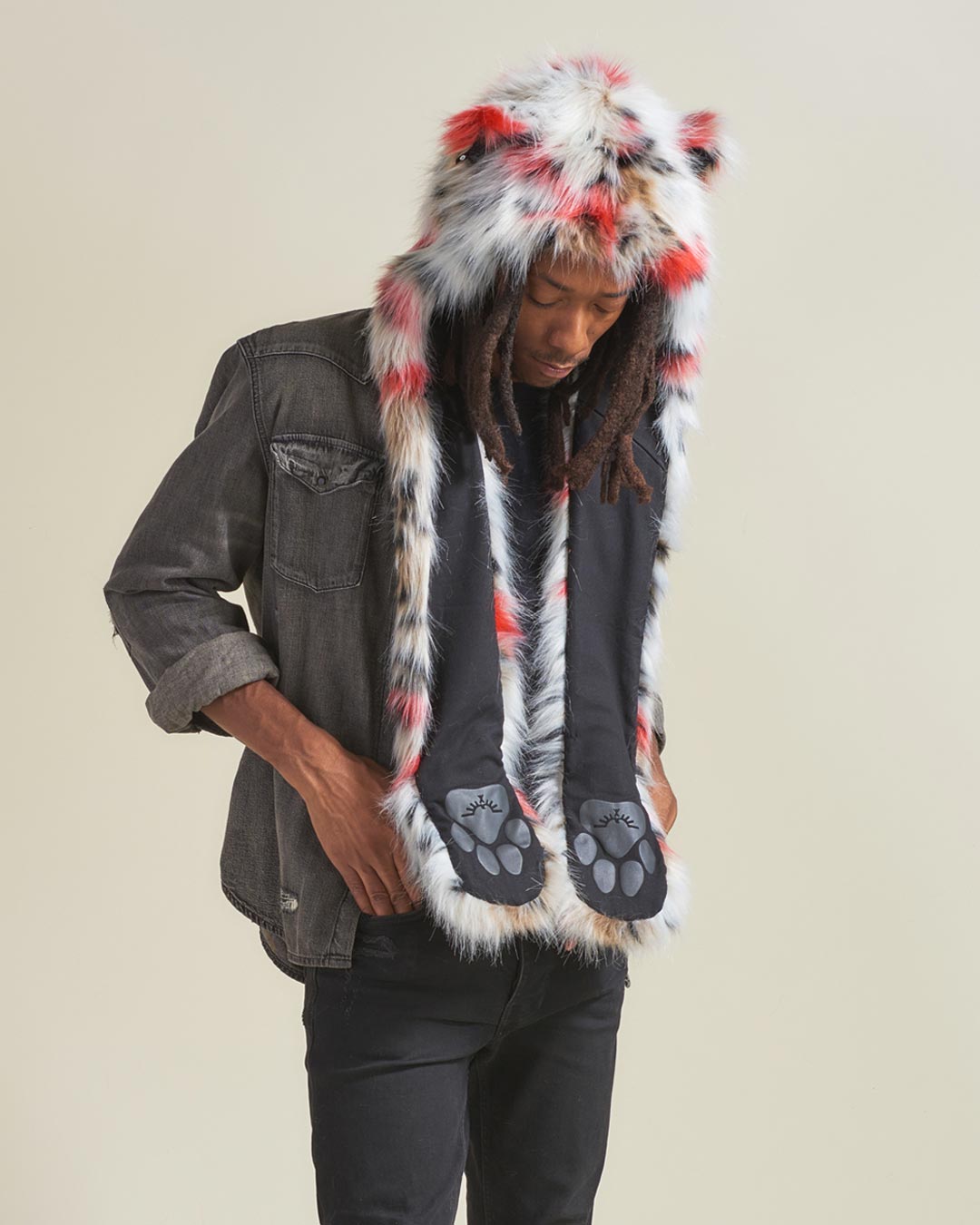 Red, Black, and White Strawberry Leopard Collector Edition Faux Fur Hood on Male