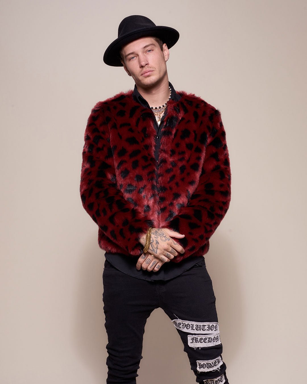 Red and Black Wild Cat Faux Fur Bomber Jacket on Male
