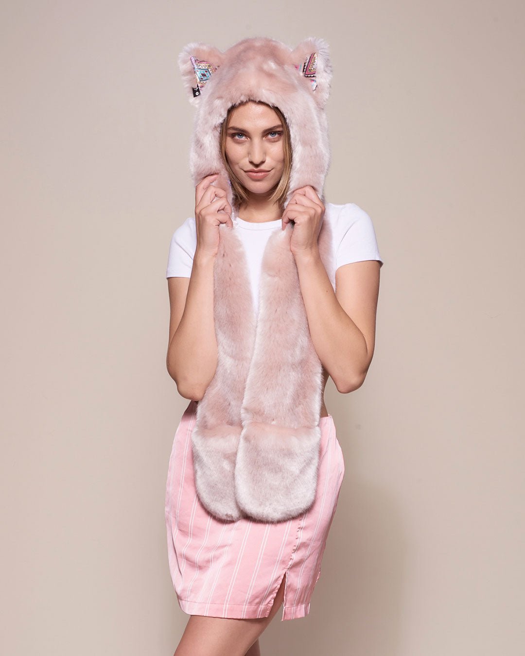 Faux Fur Hood with Rose Quartz Wolf Design