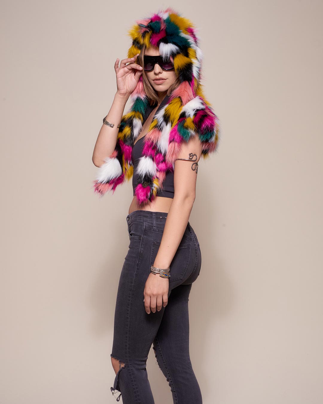 Colorful Rainbow Butterfly Hooded Faux Fur Shawl on Female