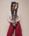 Woman wearing Brindle Wolf Collector Edition Faux Fur Hood, side view 1