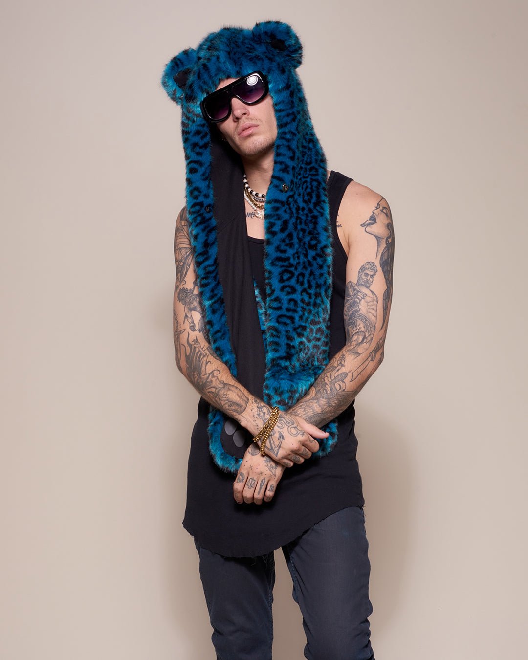 Man wearing faux fur Ice Leopard Luxe Collector Edition SpiritHood, front view 1