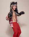 Man wearing Brindle Wolf Collector Edition Faux Fur Hood, side view 1