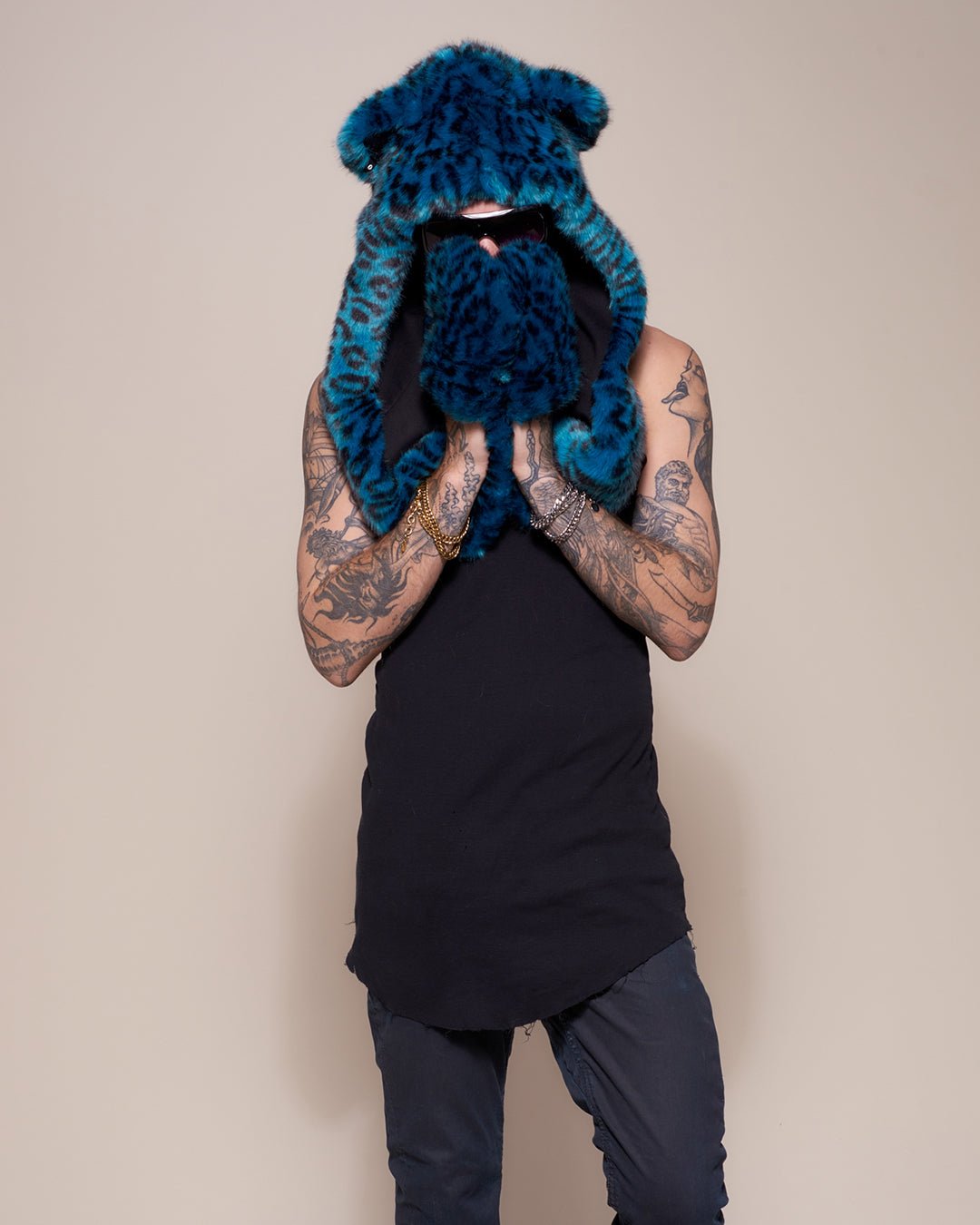 Man wearing faux fur Ice Leopard Luxe Collector Edition SpiritHood