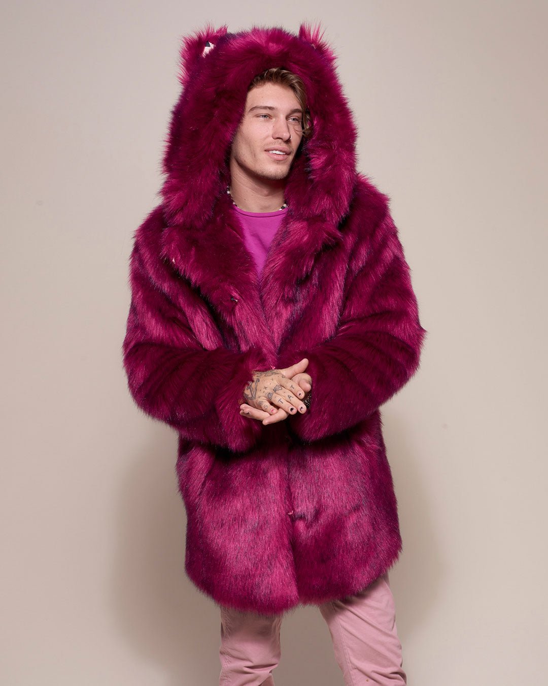 Man wearing Love Wolf Luxe Classic Faux Fur Coat, front view 1