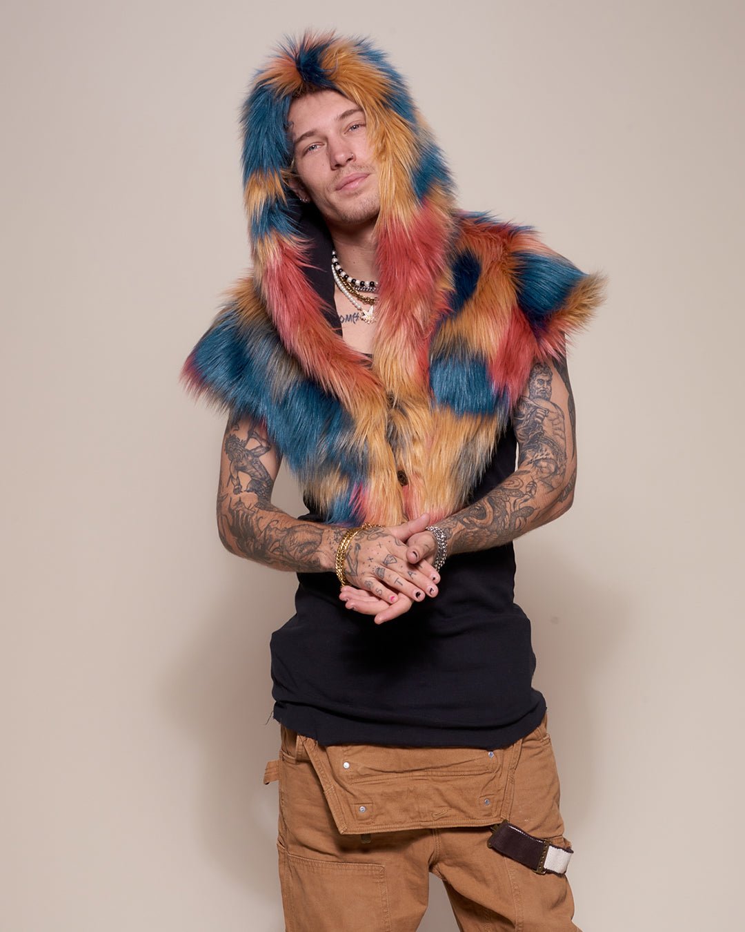 Man wearing American Swallow Collector Edition Faux Fur Shawl