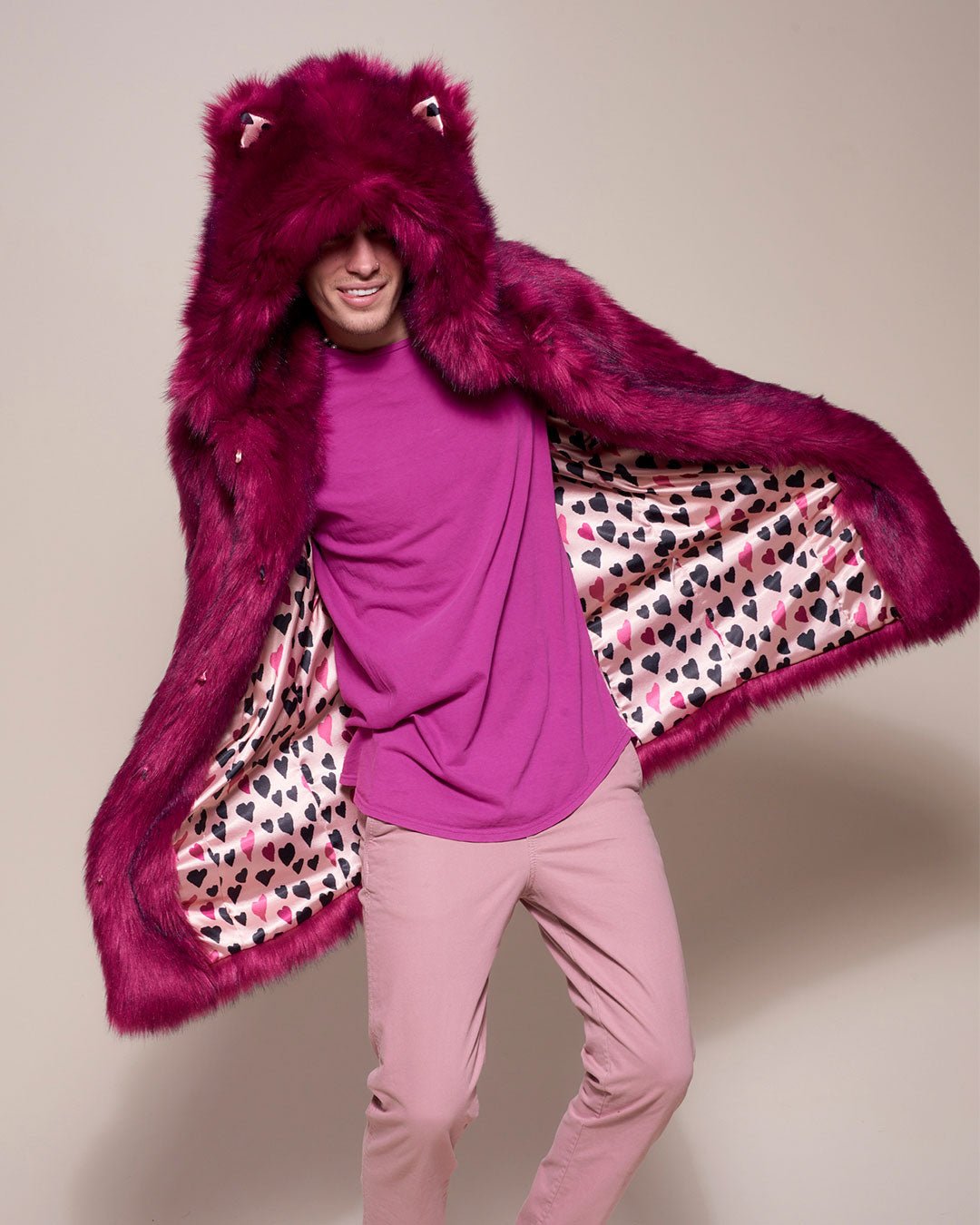 Man wearing Love Wolf Luxe Classic Faux Fur Coat, front view 4