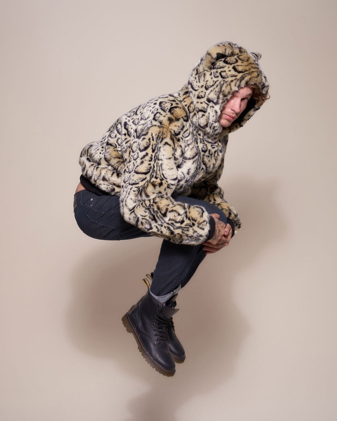Man wearing Ocelot Luxe Classic  Faux Fur Bomber Jacket, side view