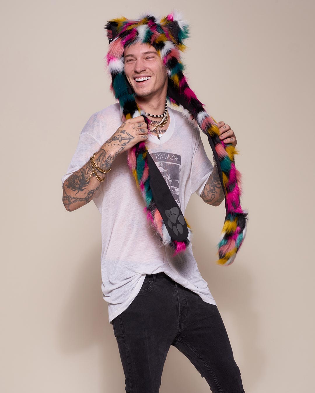 Man wearing Rainbow Leopard Collector Edition Faux Fur Hood