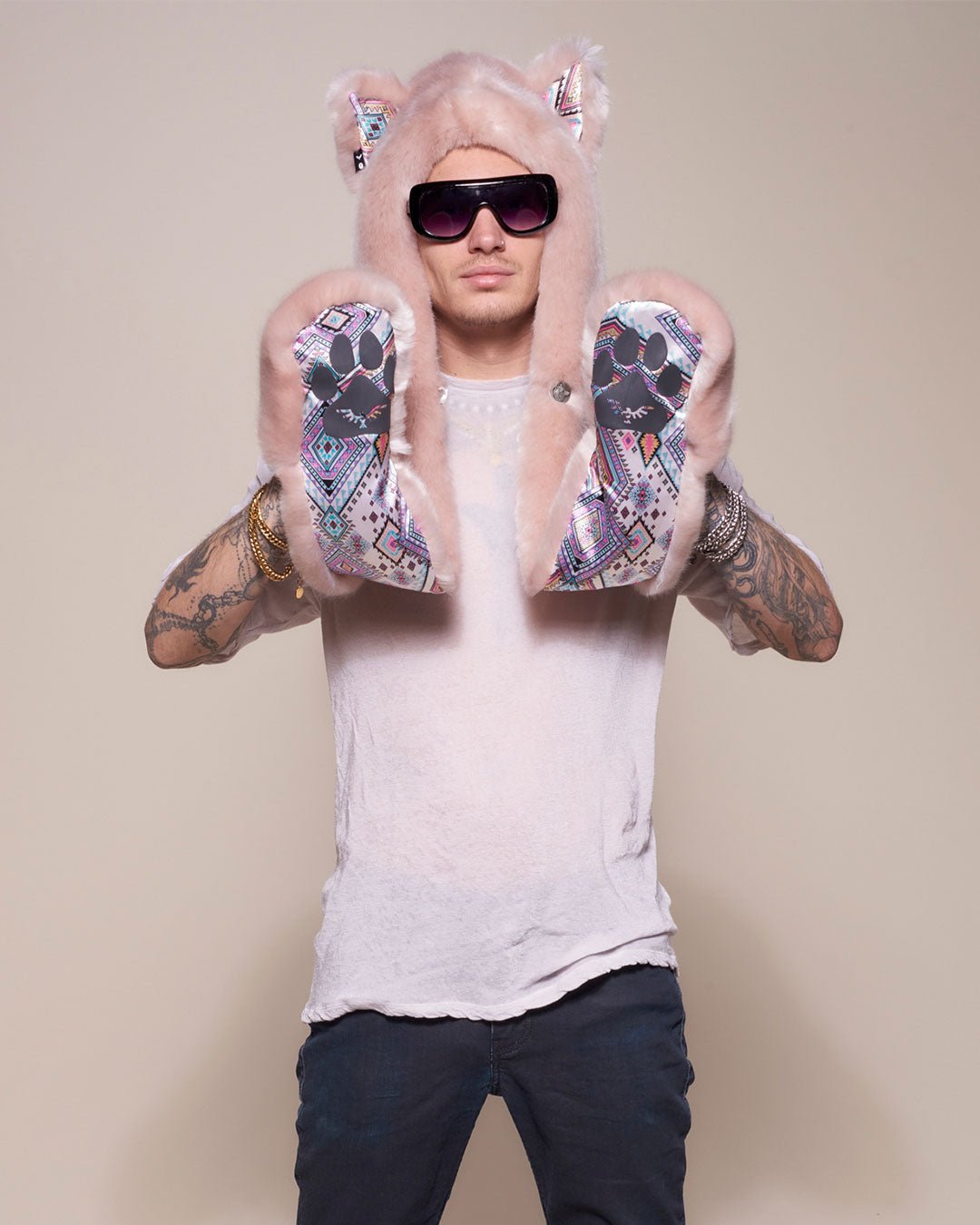 Man wearing faux fur Rose Quartz Wolf Luxe Collector Edition SpiritHood, front view 3