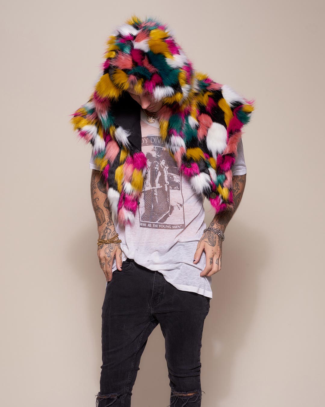 Man wearing Rainbow Butterfly Hooded Faux Fur Shawl