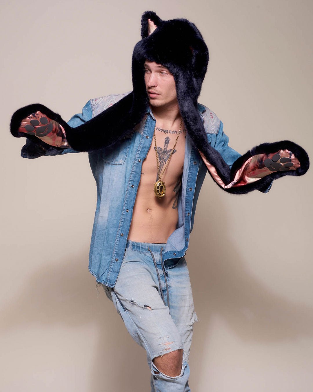 Man wearing Indigo Wolf Luxe Collector Edition Faux Fur Hood, front view