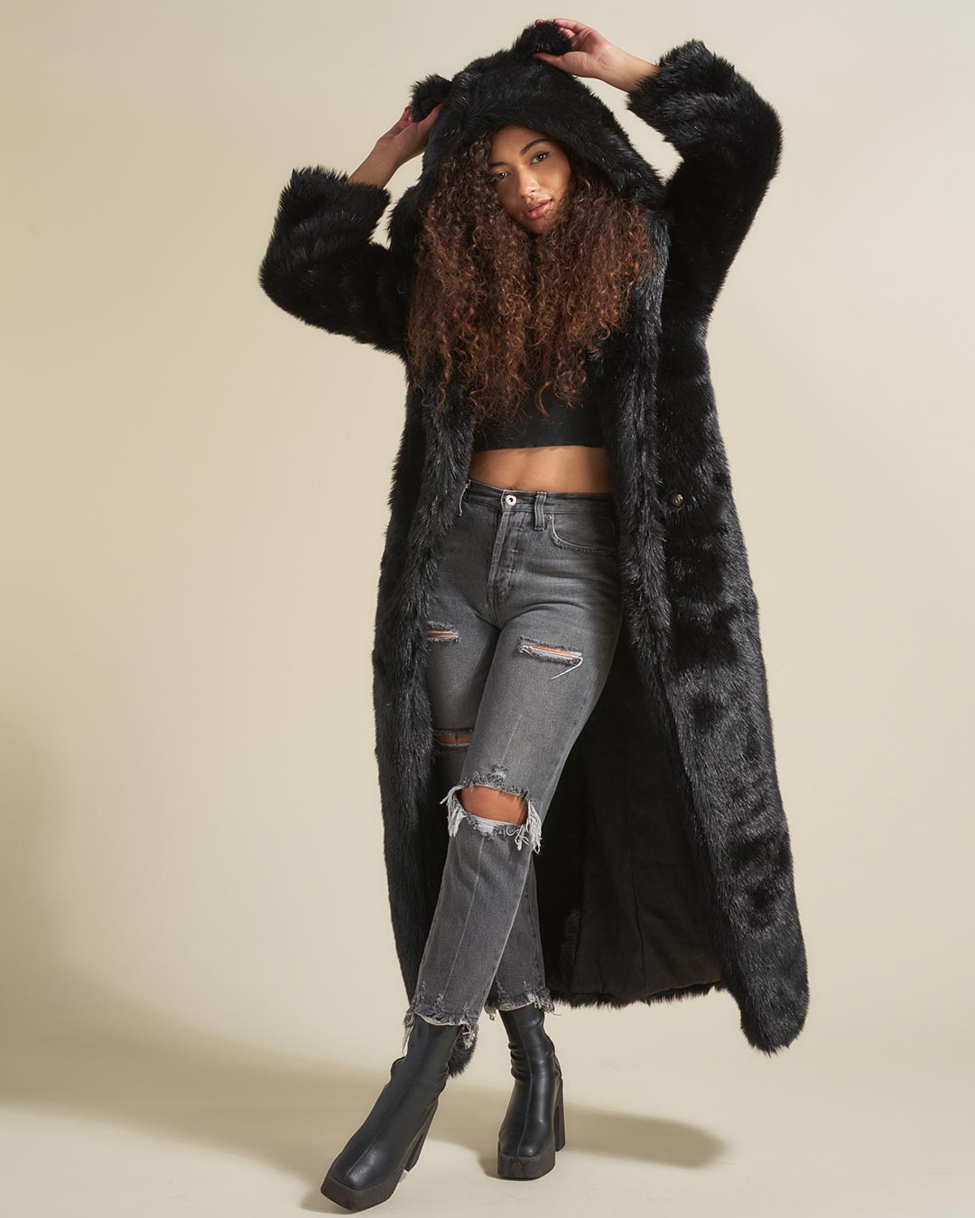 Black Panther Long Black Fur Coat With Hood Classic Women's Long