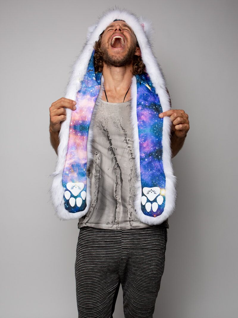 Man wearing faux fur Collector Edition Husky Galaxy SpiritHood